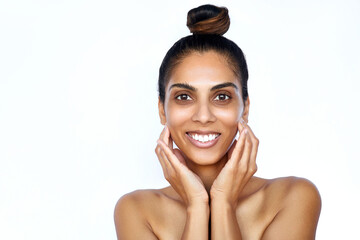  South asian young woman beauty skincare portrait. Beautiful indian model with a smooth bright...