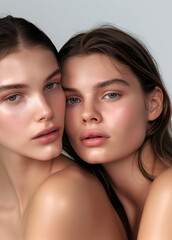 Fashion Concept. Closeup portrait of 2 girls in natural makeup glow look with beautiful sun kissed organic dewy skin. illuminated with dynamic composition light, copy text space	
