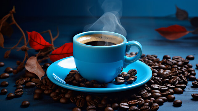 A cup of aromatic black coffee and coffee beans
