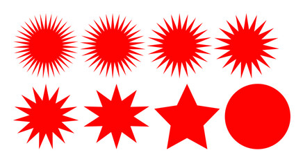 Iconos vectorizados de etiquetas para venta en rojo de venta, diseño o precio. Conjunto  Formas vectorizadas de estrella, círculos y explosión.