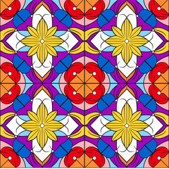 Fototapeta na wymiar Mosaico de geometría ornamental de colores estilo oriental con simetría. Patrón de diseño sin fisuras para fondo decorativo, web o impresión.