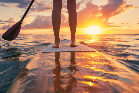 a woman's leg stands on a paddle board at sunset