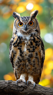 An owl sits on a branch, advertising style photography