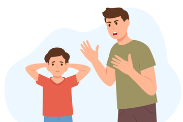 Angry Father Shouting at his son. Kid covering ears from aggression. Domestic Violence And Unhappy Childhood, Family Problem And Bad Relationship.Vector illustration