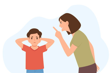 Angry Mother Shouting at his son. Woman punishing sad kid for breaking rules or bad behavior.Kid covering ears from aggression. Family Problem And Bad Relationship.Vector illustration