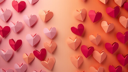Love (Valentine's day) background or wedding background. Pink and red paper hearts on a soft orange pastel background