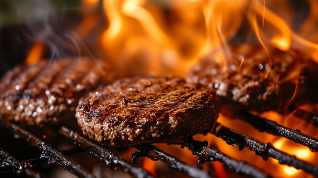 Juicy beef hamburger patties sizzling over hot flames on the barbecue