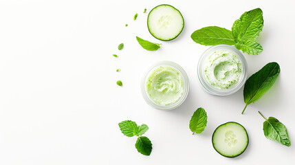 Crisp and refreshing cosmetic image: AI-generated high-quality illustration of a cucumber scrub jar with mint leaves