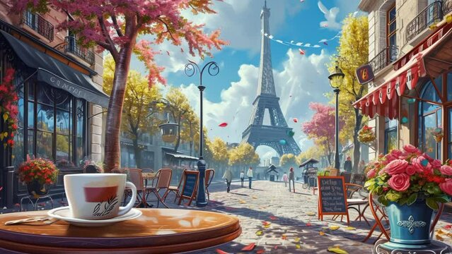 view of a cup coffee in a cafe with the Eiffel Tower background, seamless looping 4k time lapse, animation video background