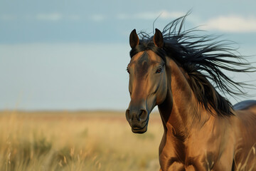 Shot of wild horse galloping, mane flying close to lens