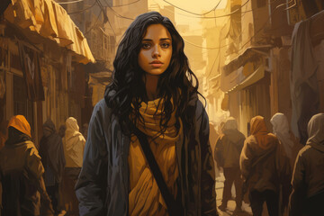 
Illustration of a 20-year-old Egyptian woman, navigating through the crowded and narrow lanes of a Cairo shantytown, with a backdrop of historical monuments