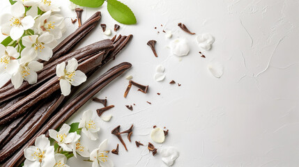 top view Vanilla sticks with flowers on white table on background, food photography concept