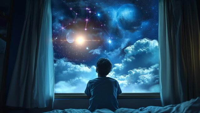 a man sits and looks out the night window, outside the window there are stars and the moon, seamless looping 4k time laps animation video background