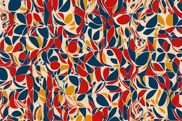 A dance of artistic expression takes center stage, as an abstract print weaves a seamless pattern with organic shapes in a retro-inspired primary color palette.