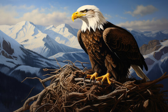 A proud eagle sits in its nest and hatches the eggs of its offspring against the backdrop of the mountains.