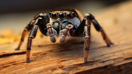 Regal jumping spider on wooden background