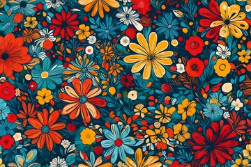 Radiant and lively, an abstract masterpiece showcases flowers in a seamless pattern, capturing the essence of retro aesthetics with a vibrant primary color backdrop.
