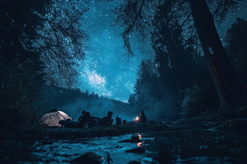 Night scene with campers lying on their backs. Looking up at the starry sky - obrazy, fototapety, plakaty