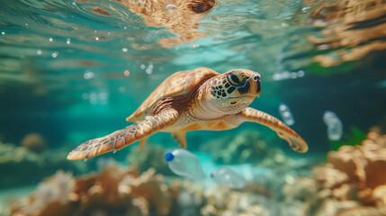 Obraz premium Plastic pollution in ocean environmental problem. Turtles can mistake plastic bags for jellyfish and eat them. Environmental issue of plastic pollution problem. Plastic pollution in ocean.