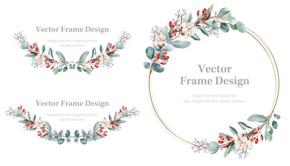 Botanical frame and border set. Watercolor of eucalyptus and red berry on white background. Gold line circle with plant wreath. Vector illustration.