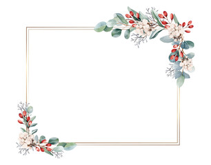 Botanical frame and border. Watercolor of eucalyptus and red berry on white background.  Gold line square with plant wreath. Vector illustration.