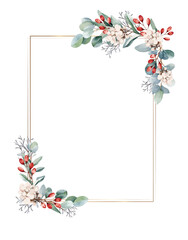 Botanical frame and border of eucalyptus and red berry on white background. Gold line square with plant wreath. Vector illustration.