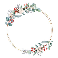 Botanical frame and border of eucalyptus and red berry on white background. Gold line circle with plant wreath. Vector illustration.
