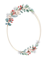 Botanical frame and border of eucalyptus and red berry on white background. Gold line oval with plant wreath. Vector illustration.