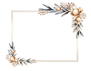 Botanical frame and border. Gold line rectangle with cotton, beige and green leaves wreath. Vector illustration.