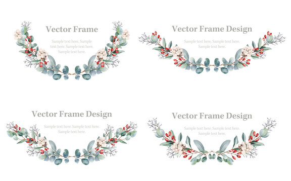 Botanical laural and border set. Watercolor of eucalyptus and red berry wreath on white background.  Vector frame illustration.