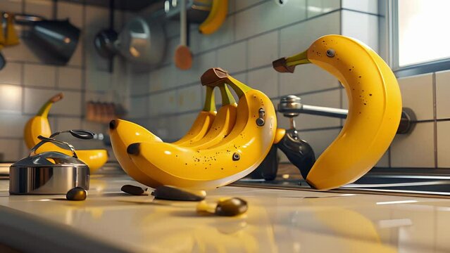 A gang of bananas on a kitchen counter doing the robot one accidentally booping another on the nose with their peel middance.
