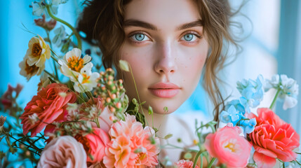 Fototapeta premium Flavor of Love: Lady With Flowers on Women's Day. 