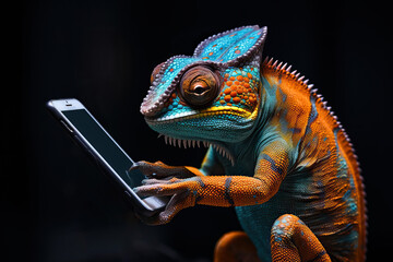 An orange and blue chameleon using a smartphone - obrazy, fototapety, plakaty
