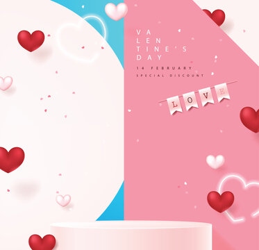 Happy Valentine's day banner background with product display and festive decoration 