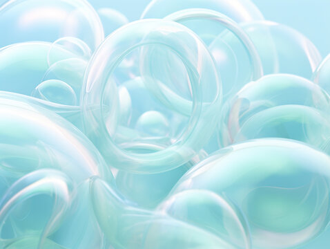 soap bubbles on a white background. 3d render illustration. Cosmetics Blue Serum bubbles on defocus background. Collagen bubbles Design. Moisturizing Essentials and Serum Concept. Vitamin