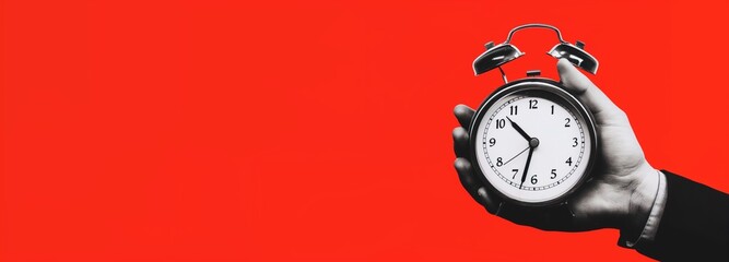 Striking image of a hand holding a classic alarm clock against a vivid red background, conveying a sense of urgency and the importance of time management. - obrazy, fototapety, plakaty