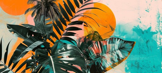 Retro-inspired collage blending tropical palm and monstera leaves with a radiant sun motif in vibrant orange and turquoise, creating a nostalgic and energetic tropical paradise theme.