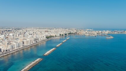 Bari, Italy. The central embankment of the city during the day. Lungomare di Bari. Summer. Bari - a port city on the Adriatic coast, Aerial View
