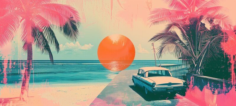 Retro summer collage featuring palm trees, a classic car, and a stylized sun in a warm and cool color palette, perfect for evoking nostalgic beachfront road trips and timeless summertime adventures.