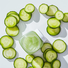 visual of refreshing cucumber slices arranged around a skincare jar, conveying the cool and rejuvenating properties of cucumber scrub