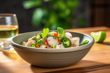 ceviche in bowl with lime wedges cilantro