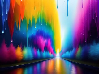 Vibrant Rainbow Color Drops with Pine Trees and A River Conceptual Illustration
