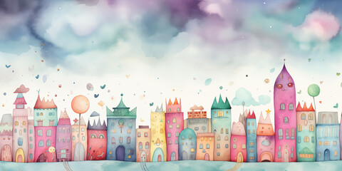 Illustration. Watercolor painting of a fantasy castle at night with a tower in the sky. Fairytale kingdom. monster city