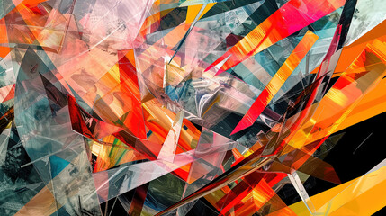 Fototapeta premium Torn pieces of barricade tape and poly shapes interwoven in a dynamic and abstract digital collage