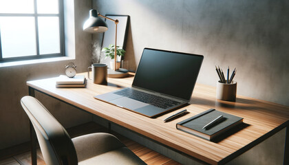 Fototapeta premium A modern and minimalist workspace featuring an open laptop, desk lamp, and office supplies, bathed in natural light from a window.
