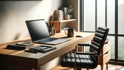 A modern and minimalist workspace featuring an open laptop, desk lamp, and office supplies, bathed in natural light from a window.