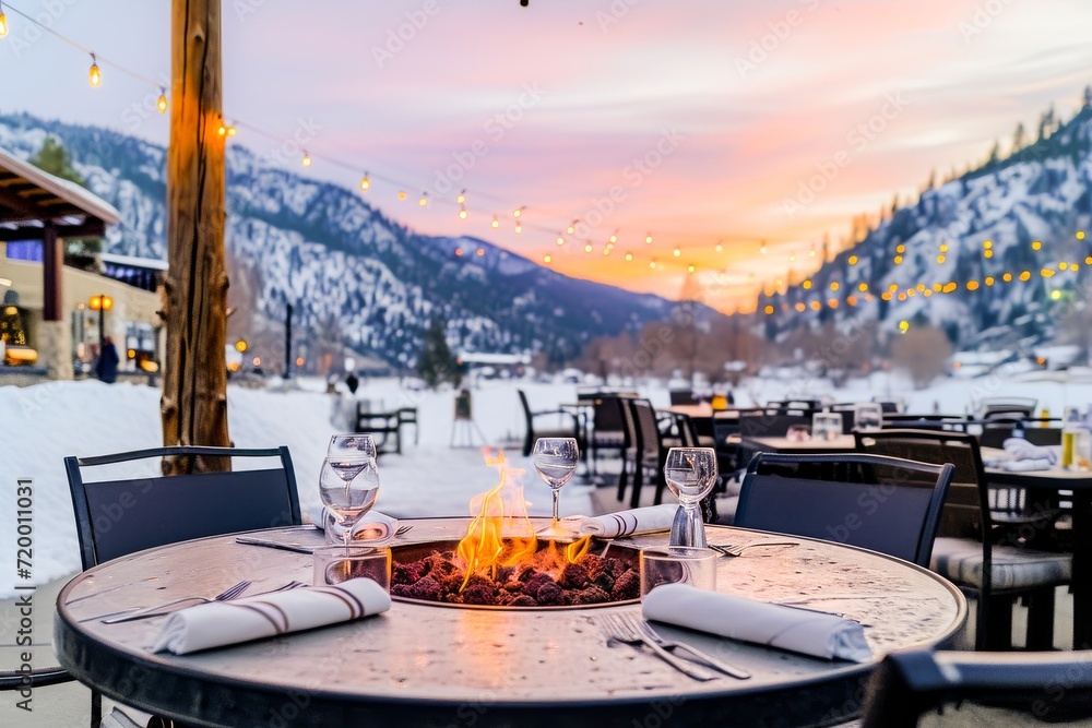 Wall mural a romantic outdoor dining setup with a fire pit at a snowy mountain resort during a beautiful sunset