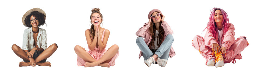 Set of Portrait of young woman happy smiling and posing siting on the floor, Full body isolated on white background, png