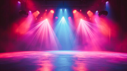 Empty stage with vibrant purple, red, and blue lights ready for a live performance or concert event.