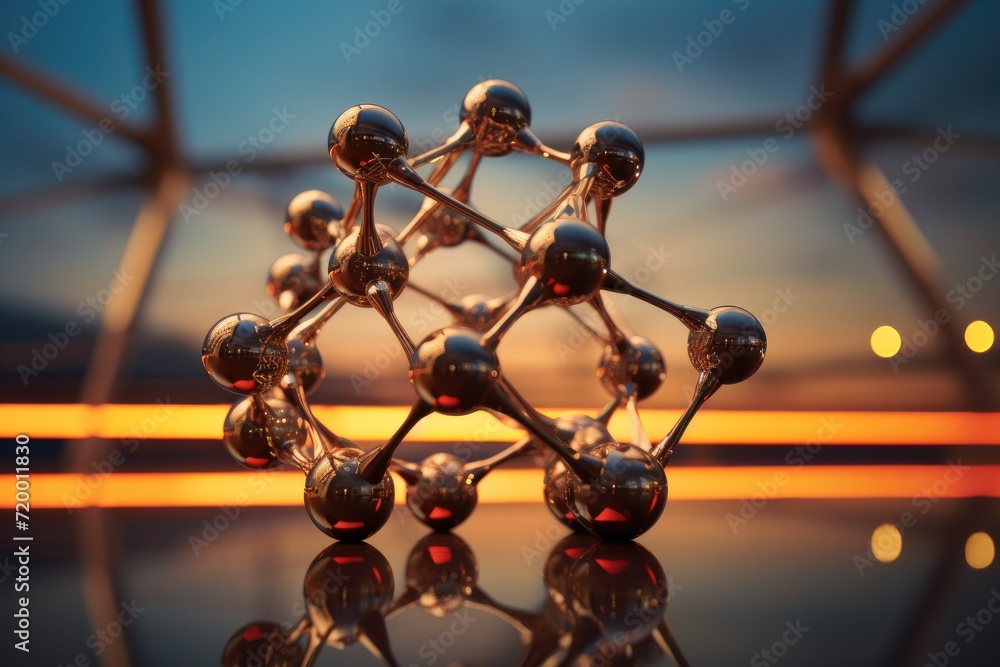 Poster a model of a molecule in front of a glass window. generative ai.
